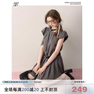 QDQD 富家千金风灰色波点连衣裙女夏季蝴蝶结设计感甜美收腰短裙