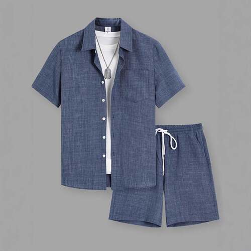 Men's Solid Button Shirt & Drawstring Waist Pants Loungewear