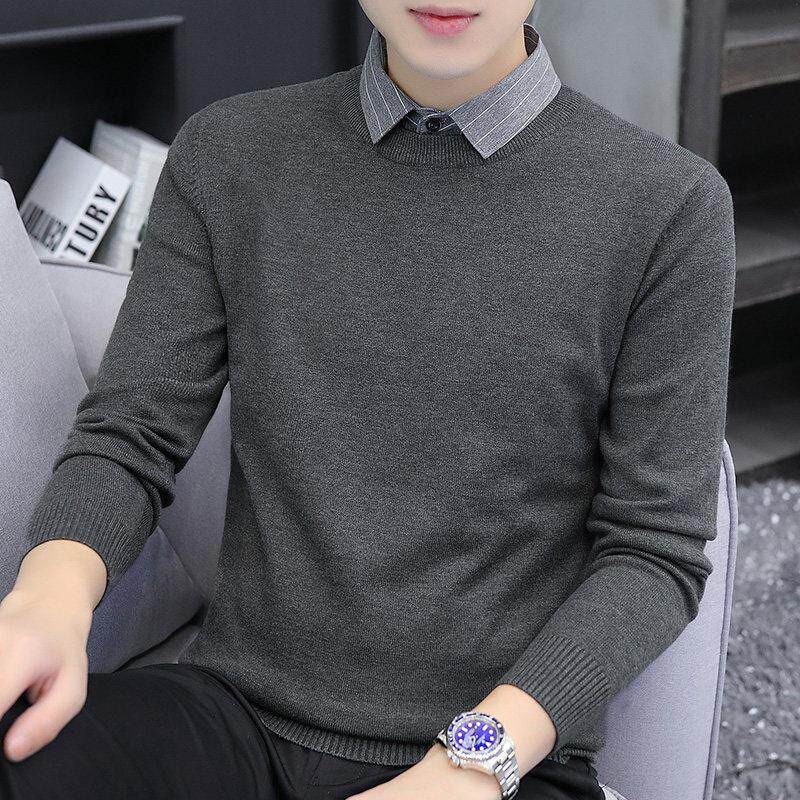 假两件毛衣男春秋冬季衬衫领羊毛衫修身针织保暖内搭男士打底衫