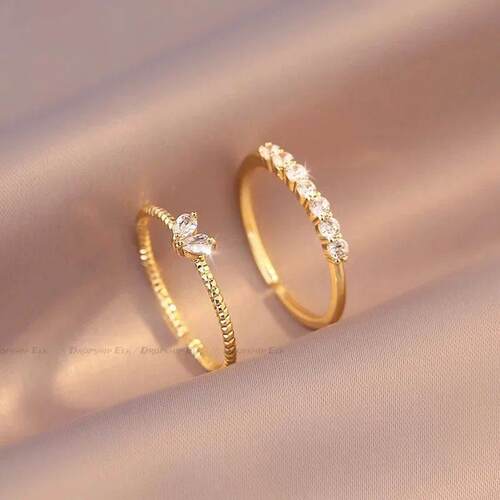 2pcs/set Gold Color Heart Zircon Rings Set for Women Girls A