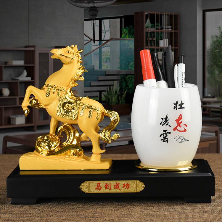 生肖沙金马年笔筒文台摆件家居装饰工艺品老板桌摆设店铺开业送礼