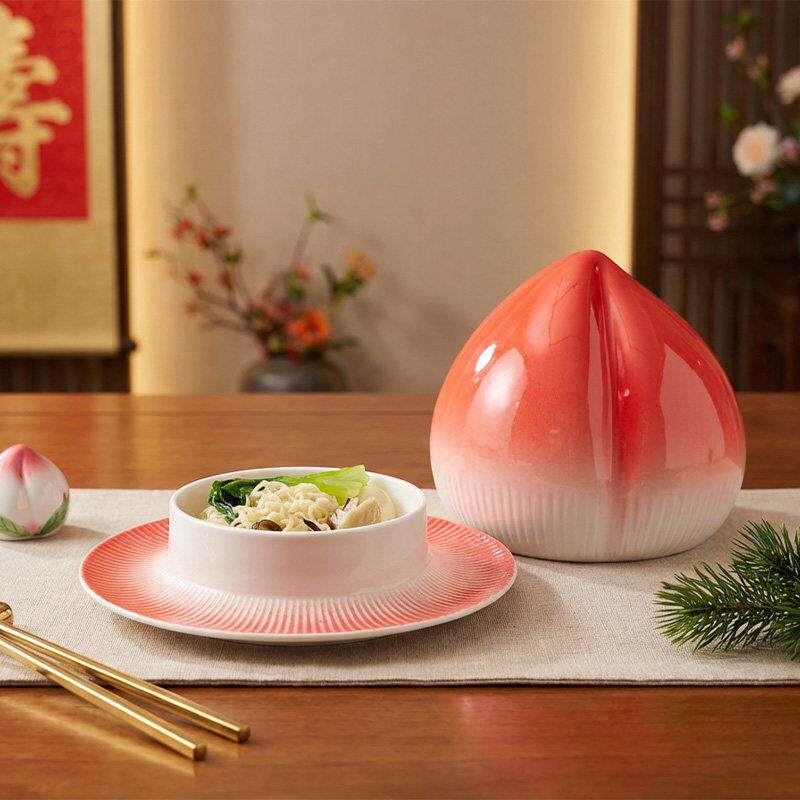 寿桃陶瓷面中式寿宴餐具饭厅生日宴凉菜盘 创意长寿面意境菜摆盘