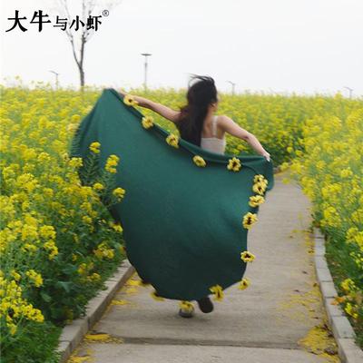 ins风春季花毯绿色向日葵针织毯子家居摄影毯拍照装饰休闲披肩毯