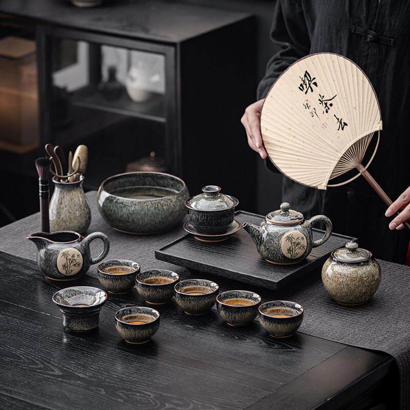 新中式窑变功夫茶具套装陶瓷茶壶建盏办公室会客茶杯盖碗礼盒轻奢