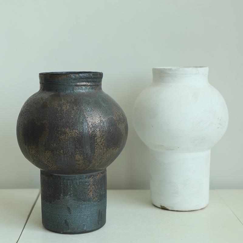 陶花复古陶大口径陶土陶粗瓷花罐器摆件白色黑MIL金绿植器插花日