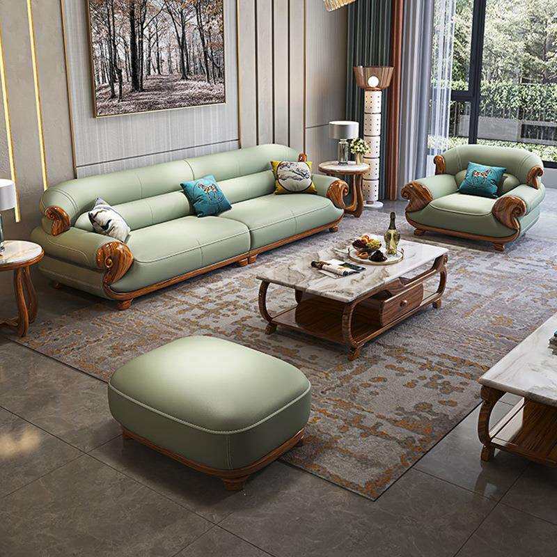 新中式乌金木真皮沙发组合1234客厅大户型欧式实木雕花别墅皮沙发