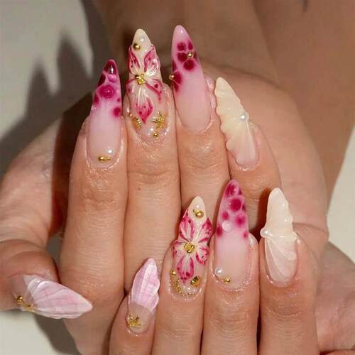 10PCS Press on Nails Medium Almond Fake Nails With 3D Flower