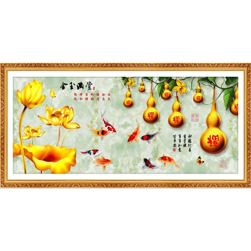 新款现代葫芦装饰画客厅沙发九鱼图背景墙壁画福禄图五福临门自粘