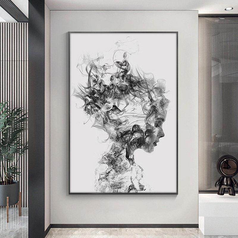 黑白灰风格抽象艺术人物挂画 画发廊壁画 画网红理髲店美发店墙面