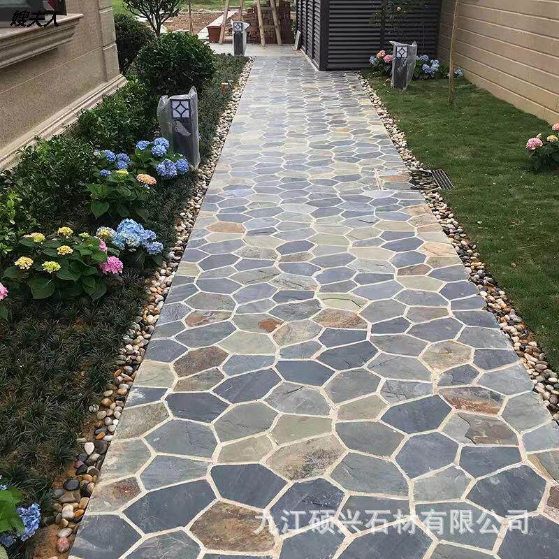天然冰裂纹青石板花园庭院防滑仿古带网帖碎拼铺路石冰裂纹地面砖