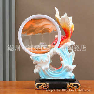 新款年年有余流沙画摆件客厅玄关酒柜电视柜家居新中式乔迁开业