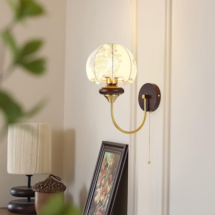法式中古壁灯卧室床头灯美式复古花纹布艺客厅实木带拉线开关灯具