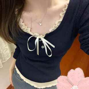 藏蓝色三粒扣上衣女美式复古bm修身短款罗纹长袖打底衫T恤女秋冬