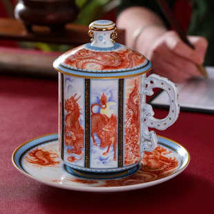景德镇茶杯高端描金珐琅彩瓷王杯老板主人专用杯中式带把陶瓷茶杯