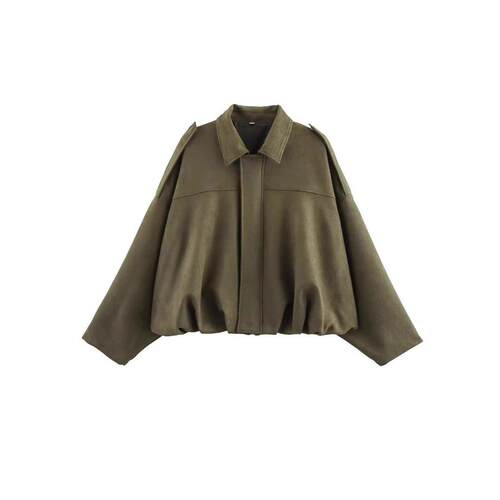 Women Color Collared Zipper Sleeve Jacket Cozy Outerwear