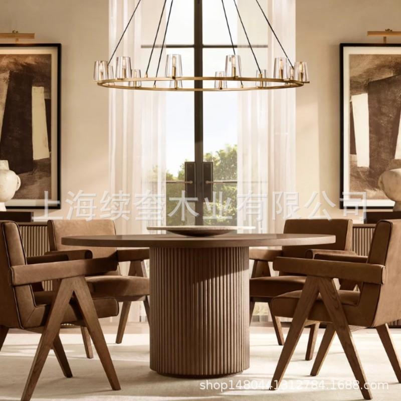 RH简约实木复古圆形桌餐桌椅组合家用餐厅家具亚马逊出口工厂直销