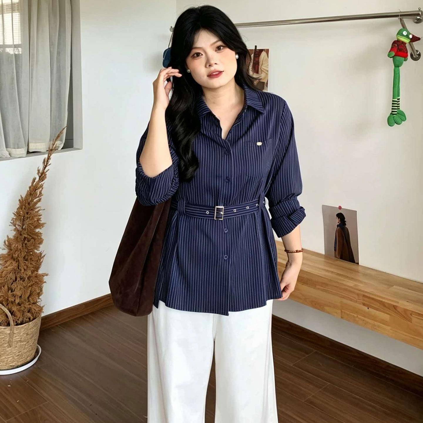 极速大码韩系设计感条纹翻领长袖衬衫女秋季胖mm收腰显瘦通勤百搭