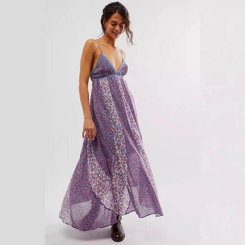 Long dress with camisole, high waist, V-neck, printed