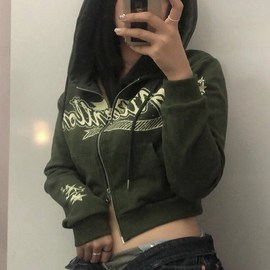 欧美潮流军绿色带帽长袖，秋冬季休闲短款拉链卫衣外套女hoodie