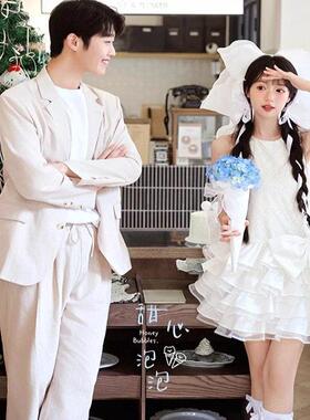 喜嫁风婚纱蝴蝶结俏皮可爱礼服领证登记小白裙订婚白色无袖礼服裙
