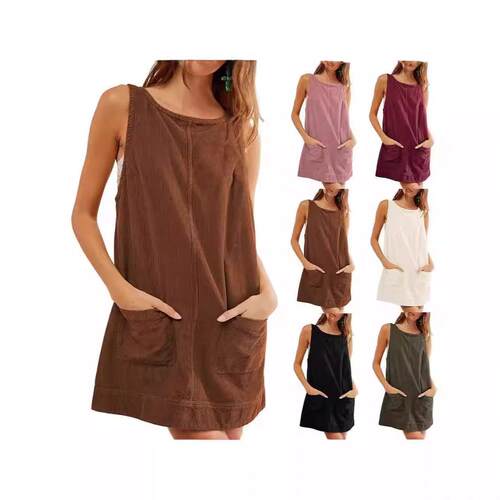 Women Corduroy Overall Dress Round Neck Line Skirtall Jumper