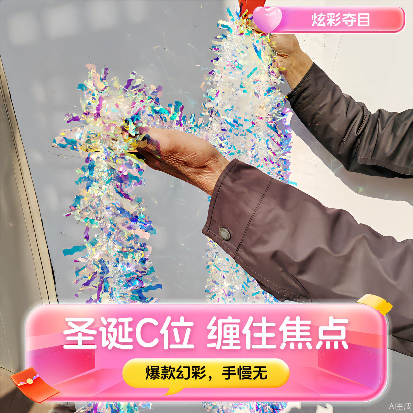 圣诞节氛围装饰七彩闪亮条拉花彩带舞台跳舞围边生日派对装扮道具