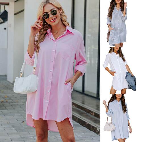 Womens Casual Loose Long Sleeve Solid Striped Button Down