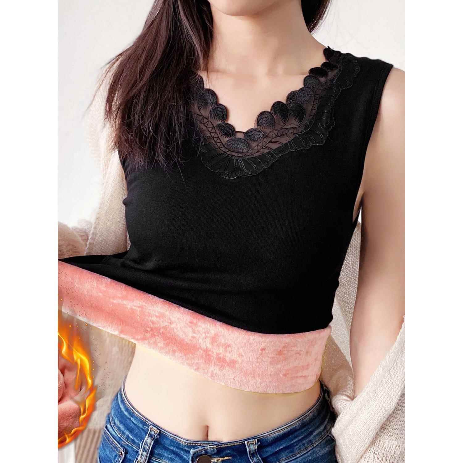 保暖背心女加绒加厚打底衫秋冬甜美蕾丝花边V领大码无袖内搭1030e