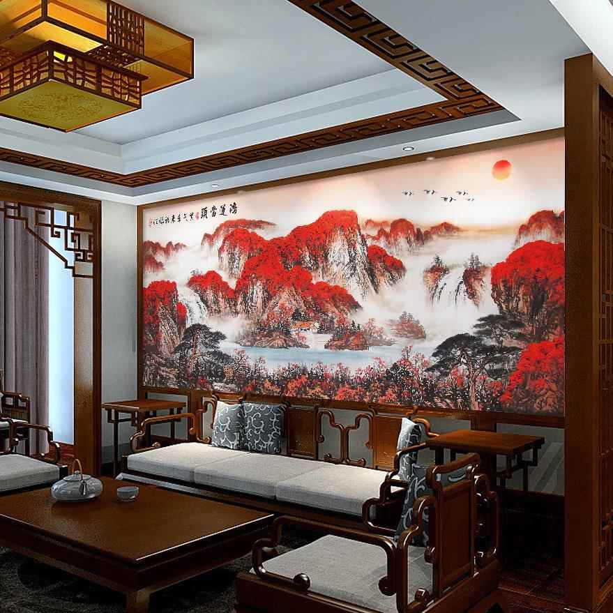 鸿运当头山水风景画客厅国画油画背景墙大型鸿运当头高清贴纸贴画