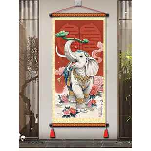 大象挂画吉祥如意布艺装饰画客厅挂画喜庆墙上装饰挂件玄关走廊画