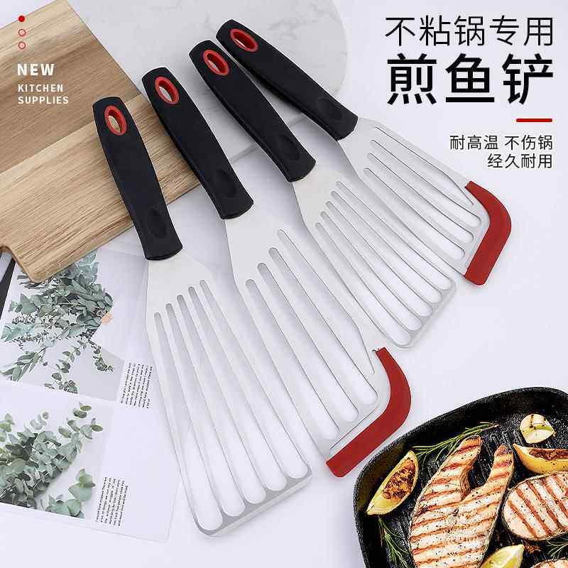 跨境直供厨房防烫煎铲硅胶不锈钢耐高温煎鱼/牛扒不沾锅专用铲