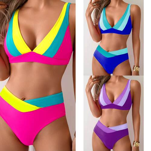 Swimsuit Bikini Womens Sexy Beach Colorblock Set, V-Shape