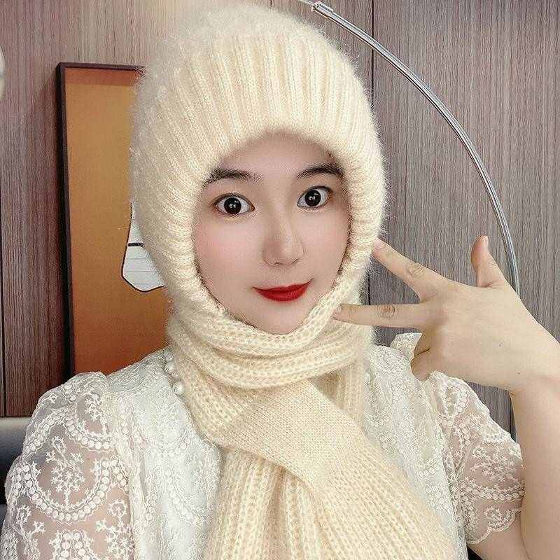 帽子女秋冬季松鼠绒帽子围巾一体风雪帽加绒毛线帽可扣护耳针织帽