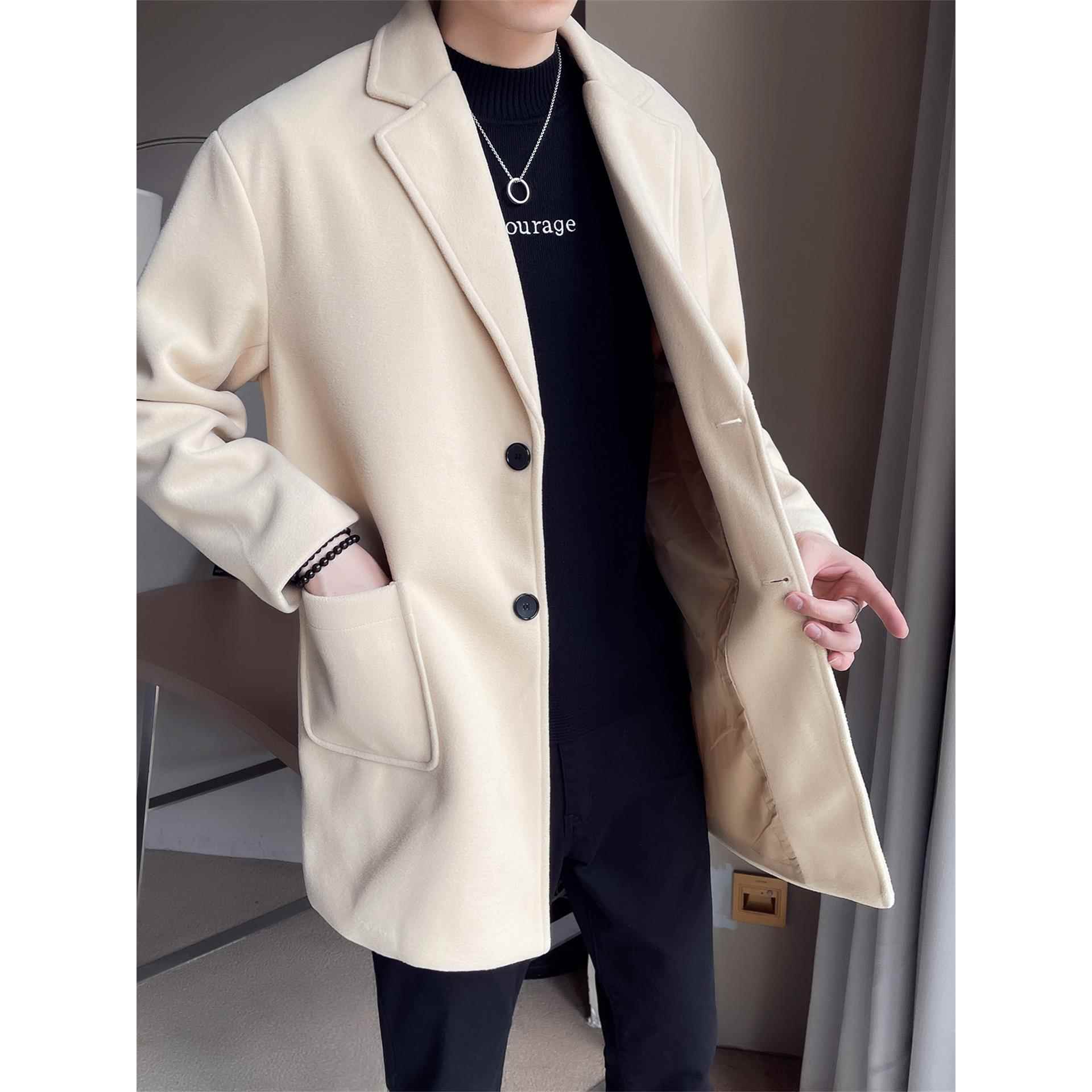 2025秋冬季男装中长款宽松百搭呢子风衣外套男士帅气中款毛1022r