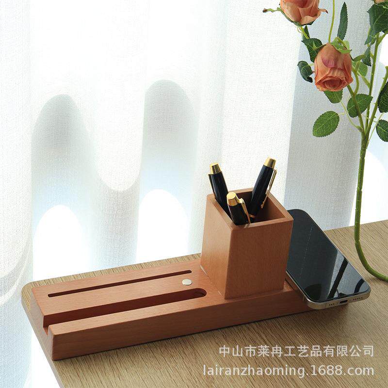 员工纪念品发光木质小夜灯企业商务活动笔筒手机无线充亚克力3D灯