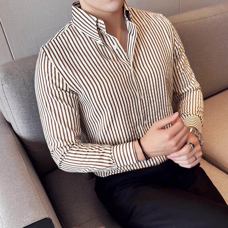 LL男装衬衫男长袖高级感潮牌休闲商务竖条纹2026新款法式大领衬衫