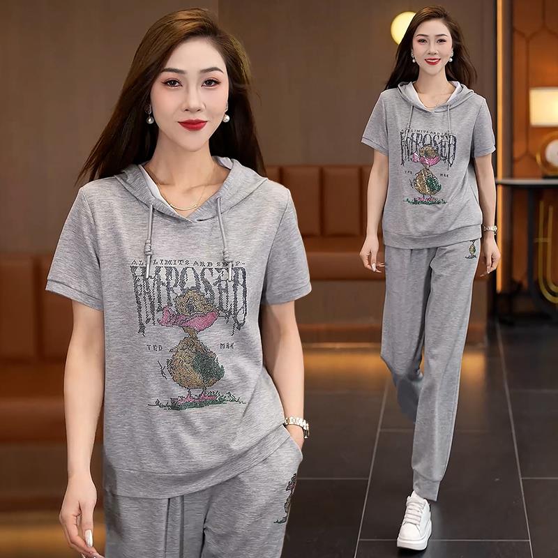 动夏天休闲运动新套装女款时尚复古花印89826828连帽短袖洋气减龄图片