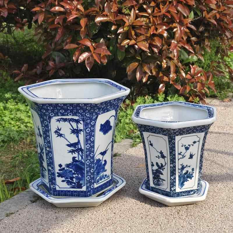 青花瓷陶瓷花盆大号花卉植物老庄盆吊兰兰花绿植阳台盆栽六角盆