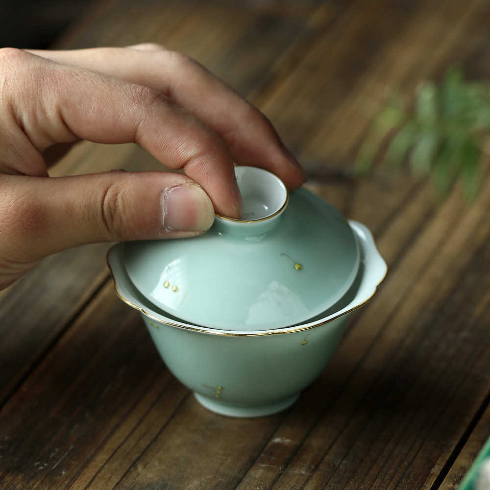 陶瓷碗石青葵粉彩景德镇枇杷120c泡茶手绘颜口盖花卉色釉碗茶杯