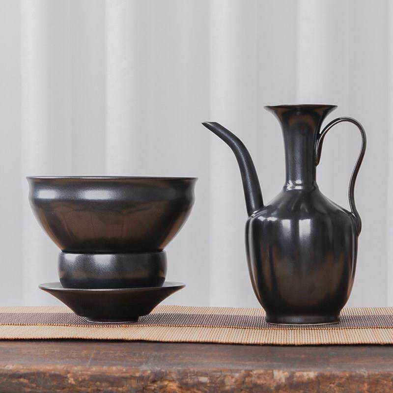 复古仿宋点茶小号乌金釉手执壶汤瓶酒壶温碗宋代点茶陶瓷茶具酒具
