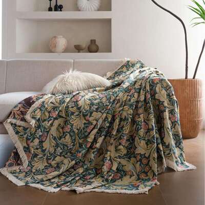 伊缦琪韵沙发巾防猫抓提花加厚蓝色花朵流苏厚实沙发盖毯工厂