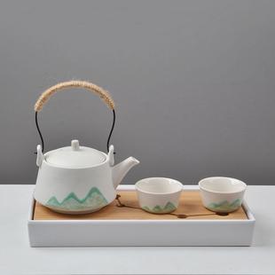 家用陶瓷一壶两杯手绘宿舍白色提梁壶小茶盘茶台茶托 整套茶具套装