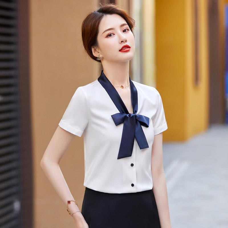 蝴蝶结衬衫女短袖夏季薄款气质珠宝店工作服酒店前台收银工装衬衣图片
