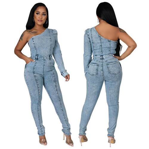 New women's single sleeved off shoulder denim jumpsuit