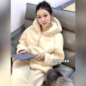 韩版大码情侣款简约拉链连帽睡衣男女同款冬季外穿双面加绒家居服