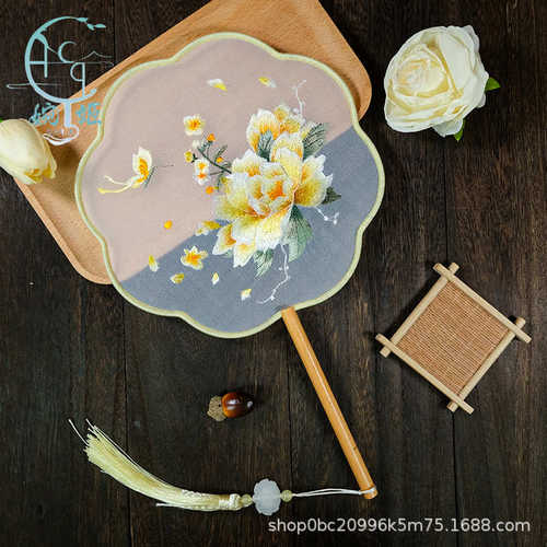 苏绣双面绣团扇刺绣绕丝包边古风扇八瓣黄牡丹仙子舞蹈扇汉服专用