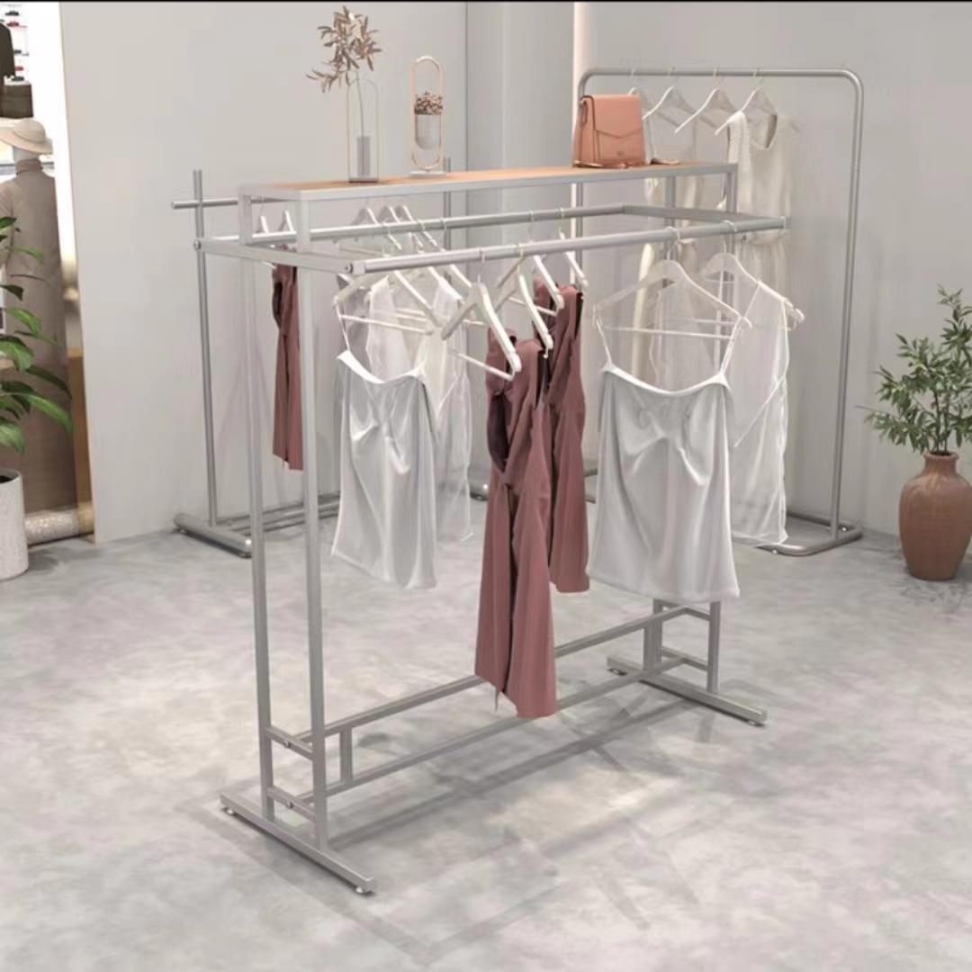 服装店双排中岛架不锈钢拉丝银色网红女装童装货架落地挂衣杆架子