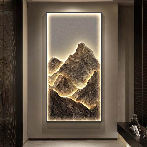 现代轻奢入户玄关装饰画日照金山发光壁灯画靠山走廊过道山水挂画
