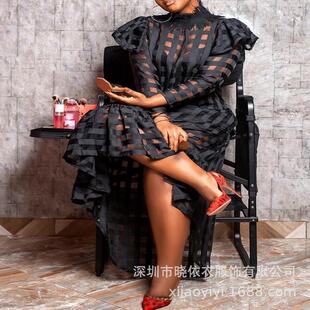 long checkered dress with black Half pullover waist