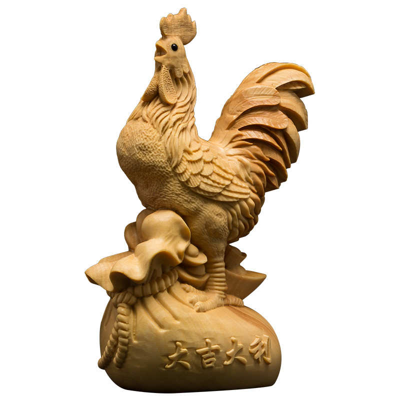 崖柏黄杨木雕大吉大利公鸡摆件 实木雕刻十二生肖金鸡报晓工艺品